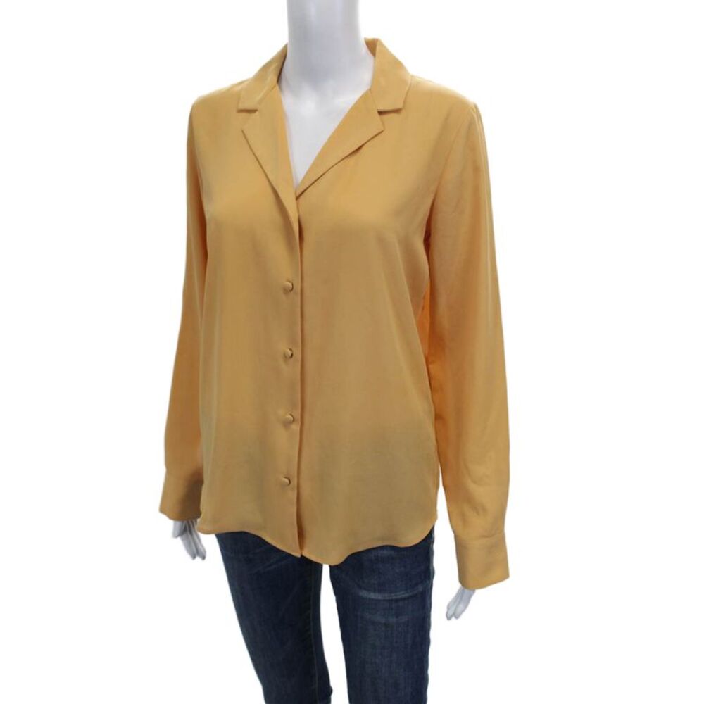 Calvin Klein Women Solid Yellow Collared Long Sleeve Button-Up Top Size S - Picture 2 of 6
